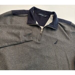 Nautica Sweater Mens XL Gray Fleece Quarter Zip Pullover Mock Neck Sail Logo